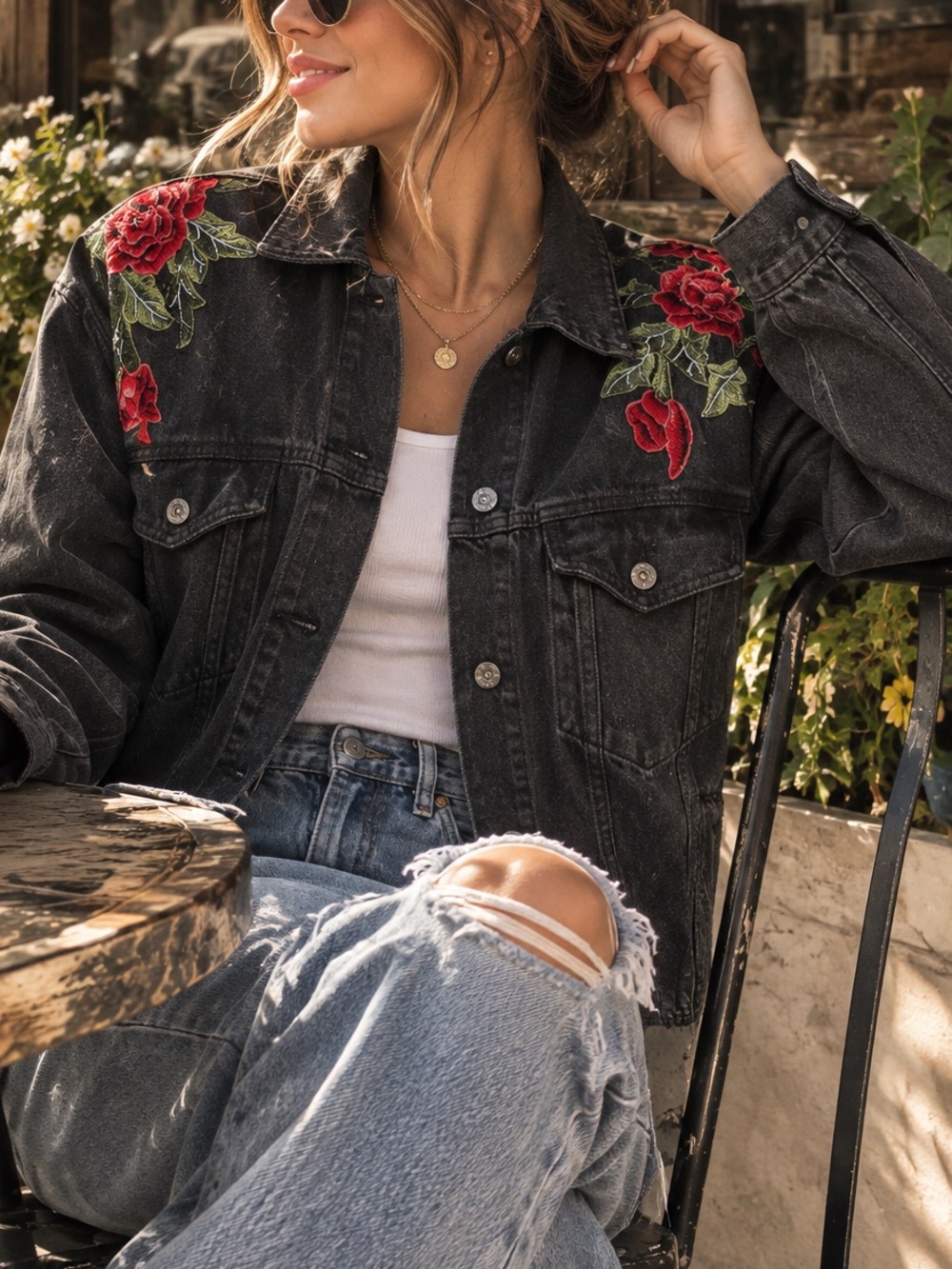 Carmar Black Denim Jacket with Red Rose Embroidery Size M